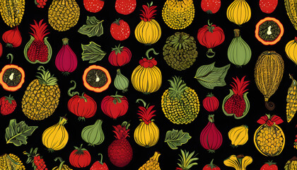 Colorful Hand-Drawn Tropical Fruits Seamless Pattern on Black Background