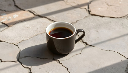 Dark coffee in a round cup resting on cracked outdoor pavement.