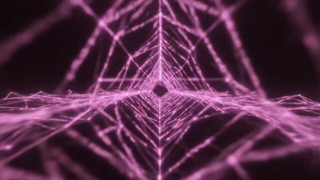Abstract futuristic landscape of glowing pink polygonal network representing digital terrain data visualization and technological innovation against a dark background