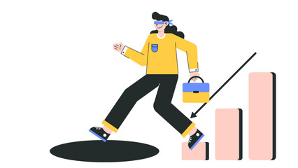 Obraz premium Blindfolded woman walking towards a hole with a falling down arrow chart