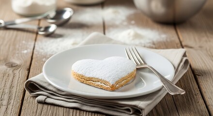 Heart shaped cake on a white plate with fork and napkin on wooden table