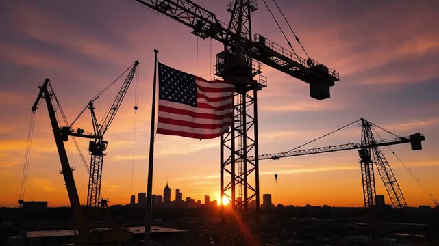 Golden hour over a bustling urban landscape featuring towering construction cranes and the American flag, symbolizing progress, national pride, and the building of tomorrow