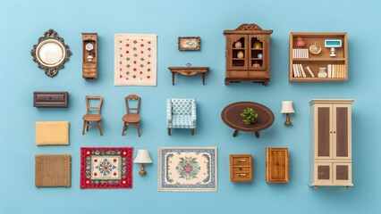 Small dollhouse inventory flat lay blue.
