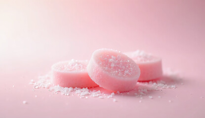 Pink bath bombs or shower steamers on pink background for spa and self care concept.