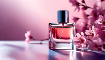 Premium Perfume Still Life with Flowers and Glass Highlights