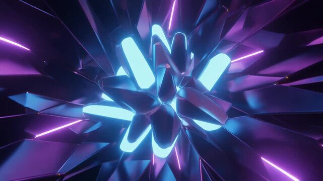 Abstract 3D Shards Rotating with Blue and Purple Neon Energy Glow