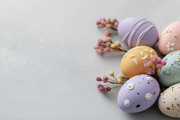Naklejka premium Brightly decorated eggs rest on a pastel background with flowers, evoking joy Generative AI