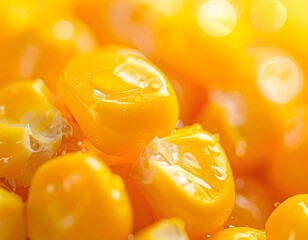 Extreme close-up of sweet corn kernels with bright bokeh light background.