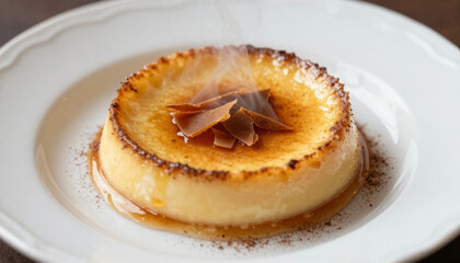 Steaming creme brulee dessert with chocolate garnish on white plate.