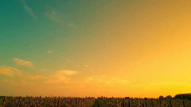 Warm golden sunset over vineyard rows, rural agriculture landscape with grapevines and trellis posts, serene summer evening mood, harvest season background for wine tourism