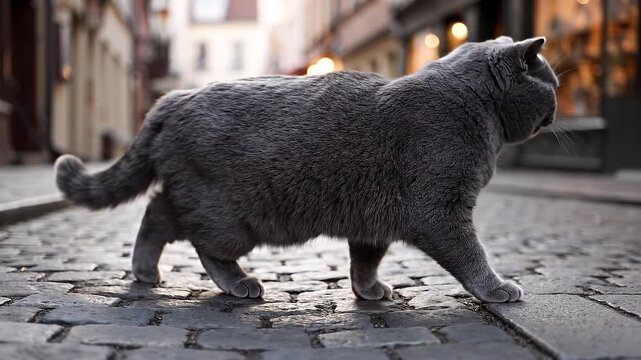 Realistic cinematic video of a British Shorthair gray mother cat crossing a small street in slow motion. Thick plush gray fur moves gently with each step, captured in ultra-detailed 4K photorealistic 