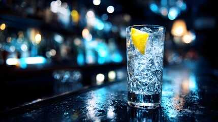 Refreshing Gin and Tonic Cocktail with Ice and Lemon Garnish at a Bar.