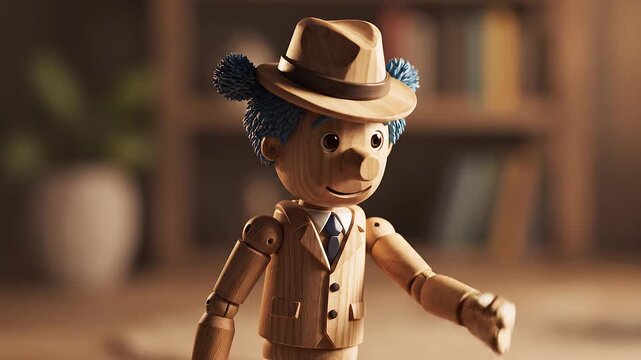 High-detail 3D animation of a charming hand-sculpted wooden detective character walking forward and gently lifting his hat. European-inspired design with lanky proportions, stylized features, kind cur