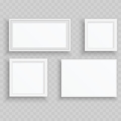 Realistic White Photo Frame Mockup Set. Vector Horizontal Picture Border and Blank Canvas Template.