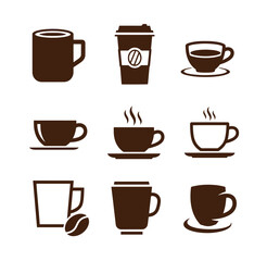 Obraz premium collection of coffee cups and mugs in brown silhouettes on white background