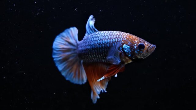 A close-up of a vibrant Betta fish with blue, orange, and white fins on a dark background