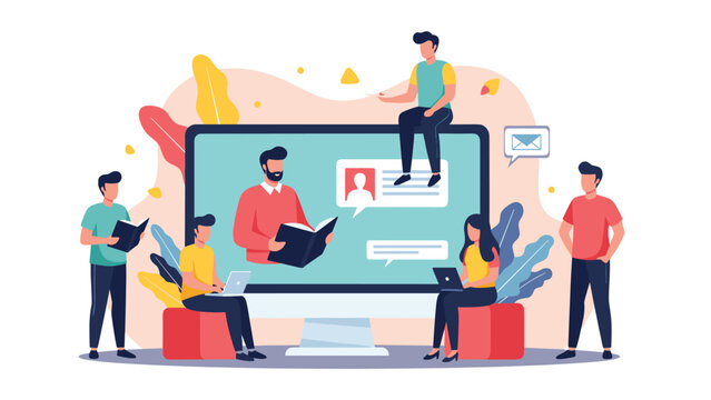 Diverse group of people collaborating on digital learning platforms using a large computer screen for online education and meetings.