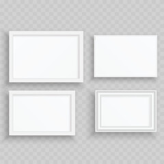 Realistic White Photo Frame Mockup Set. Vector Horizontal Picture Border and Blank Canvas Template.
