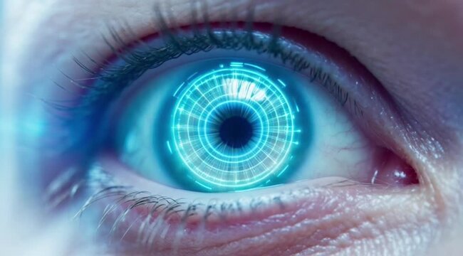 A close-up of a human eye with a blue and red iris