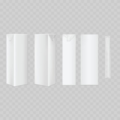 Realistic White Juice Box Mockup Set with Straw. Vector Small Milk Carton Packaging Template.