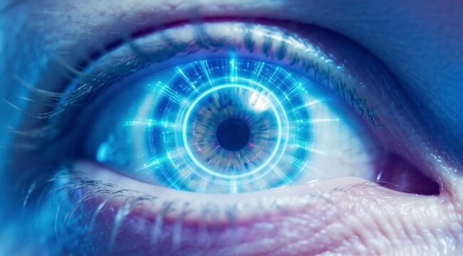 A close-up of a human eye with a blue iris and a glowing blue pupil