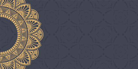 Horizontal golden mandala banner. Decorative golden color flower mandala background with place for text. Color abstract graphics. Arabic or islamic east style. Vector color illustration.
