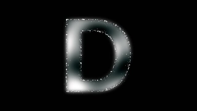 Soft letter D animation, white alphabet letter symbol with white plasma foggy effect and white particles outline