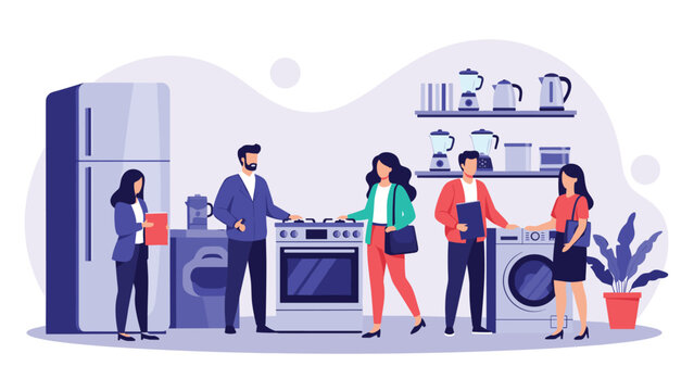 Customers exploring a modern appliance store filled with various home devices including refrigerators gas stoves washing machines and blenders.