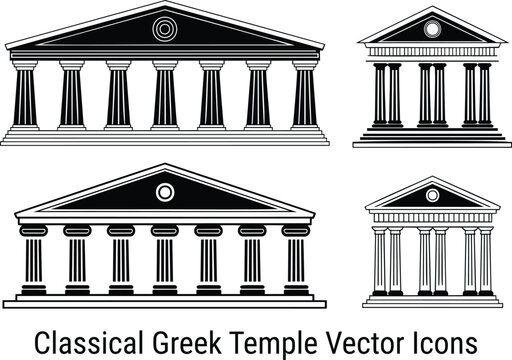 Four classical Greek temple illustrations featuring columns and pediments on a plain white background