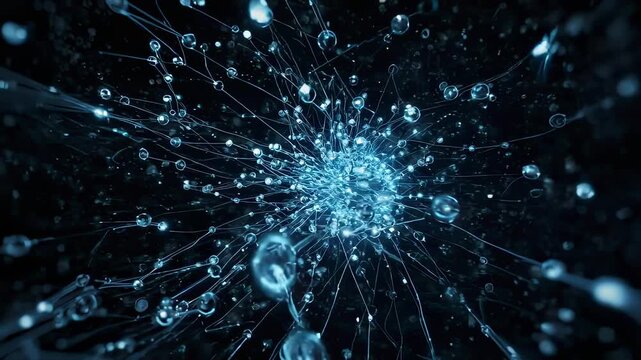 Abstract network of luminous spheres and lines radiates from a central point