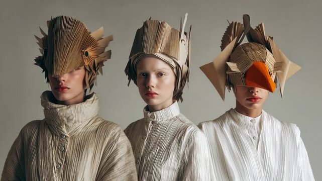 Surreal youg women with cardboards as face masks