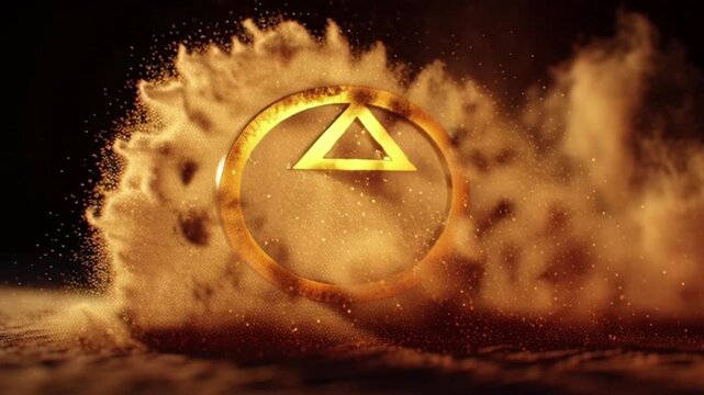 Golden Anarchy Symbol Engulfed in Fiery Dust Cloud on Dark Background.