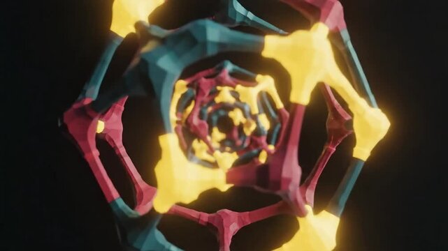 Abstract geometric design featuring interlocking polygonal shapes in vibrant red yellow and teal hues against a dark background a dynamic visual for technology innovation and futuristic concepts