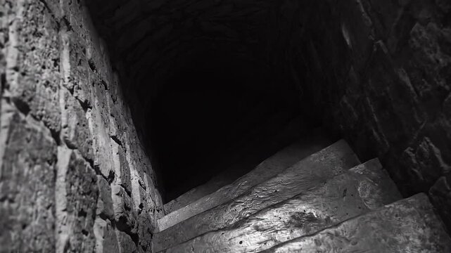 Point of view shot looking down into a narrow spiral staircase fading into deep blackness. Extreme depth and claustrophobic framing create an unsettling sense of confinement. Muted monochrome colors, 