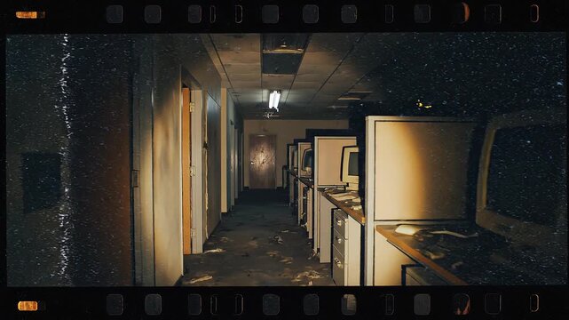 Cinematic POV scene of slowly sneaking through a dark abandoned office corridor. A single flickering fluorescent light glows at the far end of the hall while a flashlight beam scans yellowed computer 