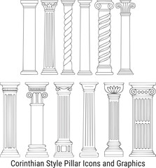 Naklejka premium A diverse collection of classical architectural pillars and columns illustrated in an outline drawing style on white
