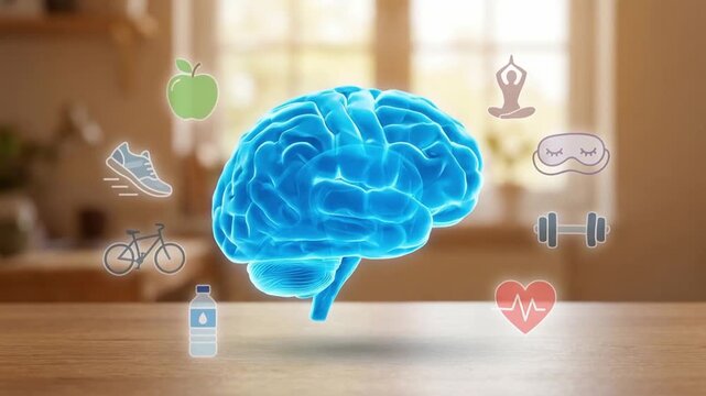 Brain health nutrition glowing brain hologram illustrating cognition wellness and balanced lifestyle with exercise sleep hydration diet yoga