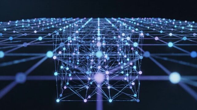Abstract threedimensional network structure with glowing blue and purple nodes and connecting lines