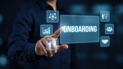 Professional man interacts with a glowing virtual onboarding screen displaying business icons in a d