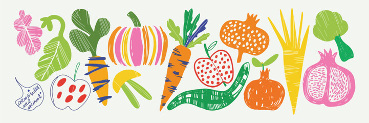 Colorful Vegetable Collage Cutouts in Playful Crayon Style, Irregular Carrots, Pumpkins, Broccoli, and Fruits, Fun Hand-Drawn Doodle Scrapbook Stickers for Kids and Creative Design