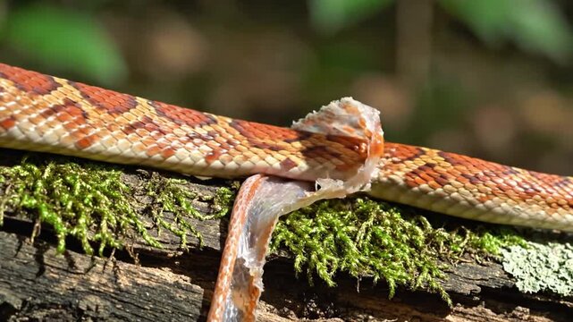 Snake Shedding Skin on a Mossy Branch in Nature.