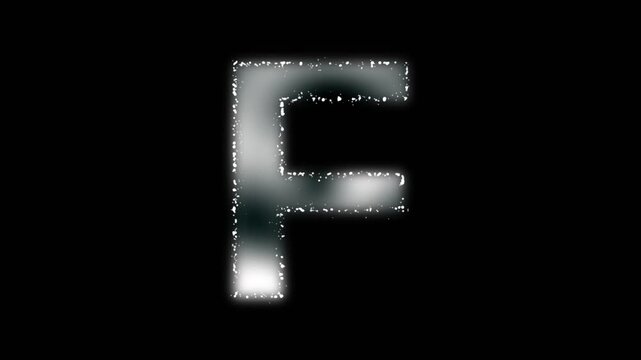 Soft letter F animation, white alphabet letter symbol with white plasma foggy effect and white particles outline