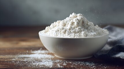 A Bowl of White Flour on a Wooden Surface.