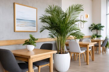 Fototapeta premium Modern cafe interior with minimalist decor and indoor plants