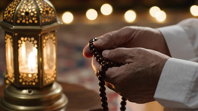 Spiritual Close-Up: Muslim Man's Hands Meditatively Counting Prayer Beads by a Glowing Ramadan Lantern.