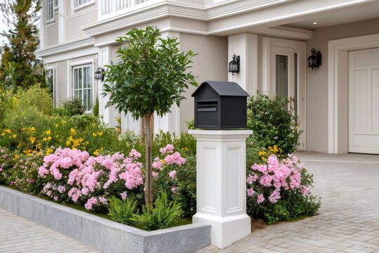 Black modern mailbox standing in front of luxury house