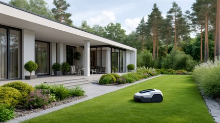 Robotic lawn mower maintaining modern villa garden automation