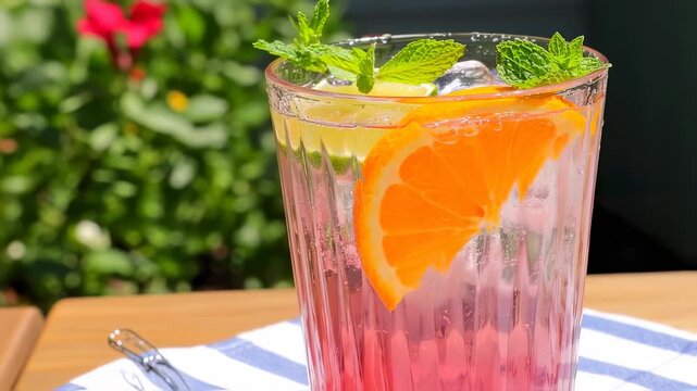 A refreshing drink with orange, lime, mint, and ice in a clear glass, outdoors on a sunny day