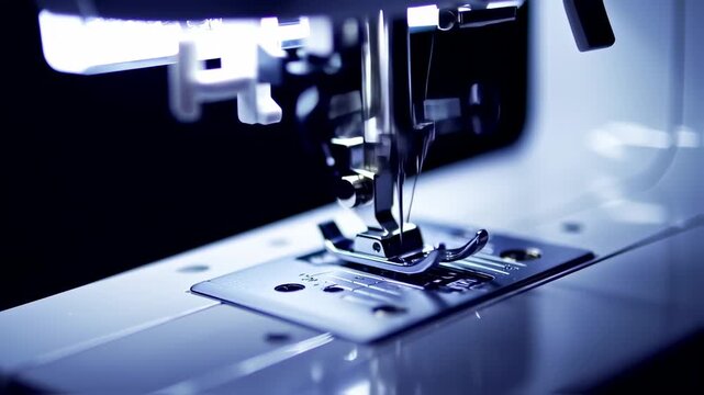 Close-up of a sewing machine, needle and thread poised to stitch fabric, with cool, clean lighting