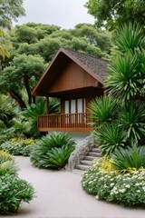 Fototapeta premium Tropical resort bungalow with lush green garden plants
